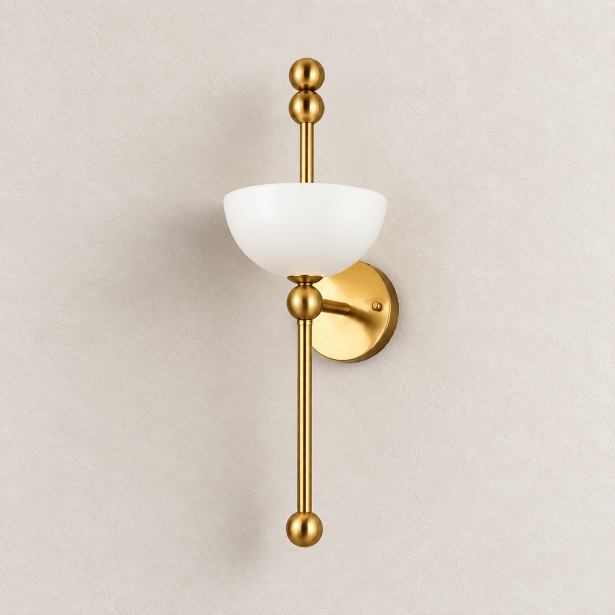 White glass bowl wall light with a slender stem and twin-ball top finial, switched off