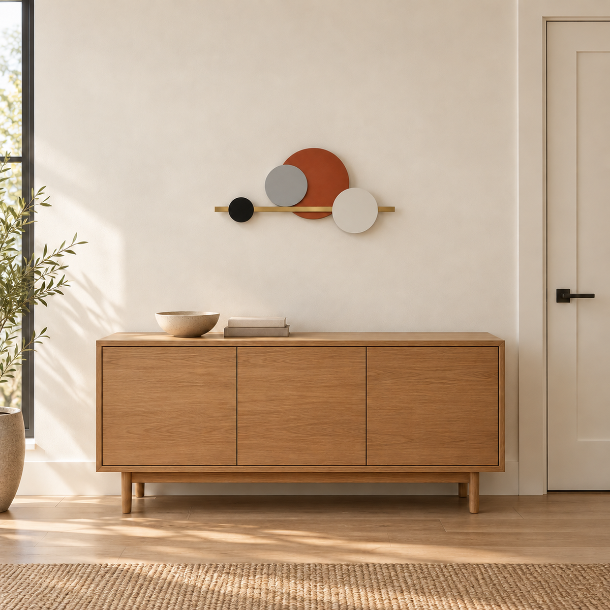 Wall light with four overlapping orange-brown, black and pale discs on a horizontal gold-toned bar, switched off in a daylight interior setting.