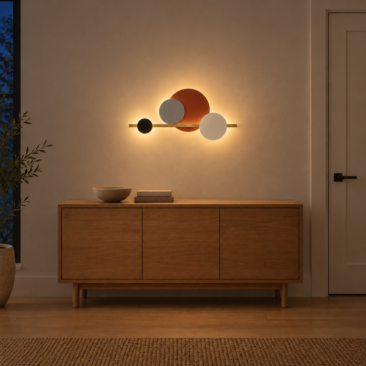 Wall light with four overlapping orange-brown, black and pale discs on a horizontal gold-toned bar, illuminated in an interior setting at night.