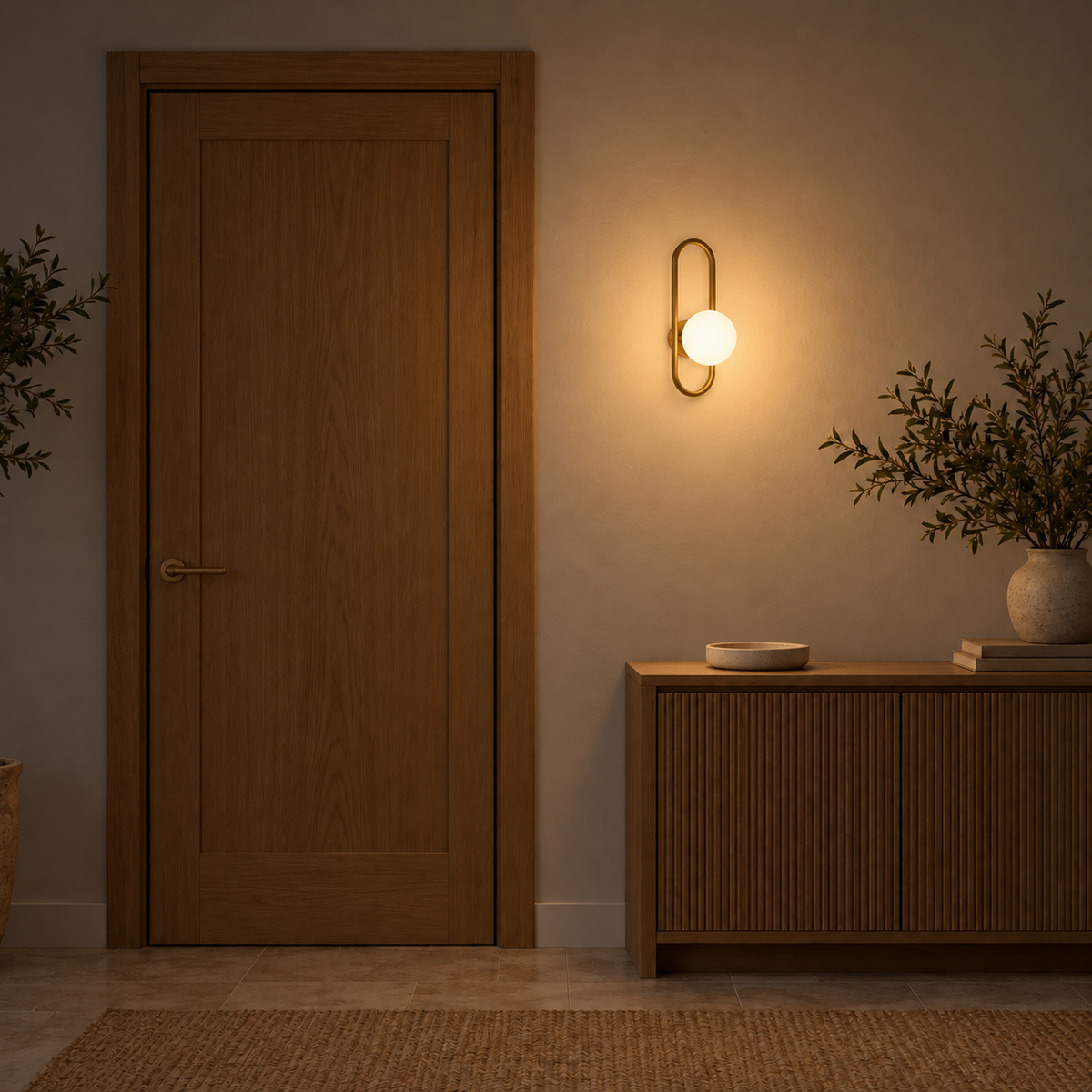 White glass globe wall light projecting from an open gold-toned capsule frame, illuminated in an interior setting at night.