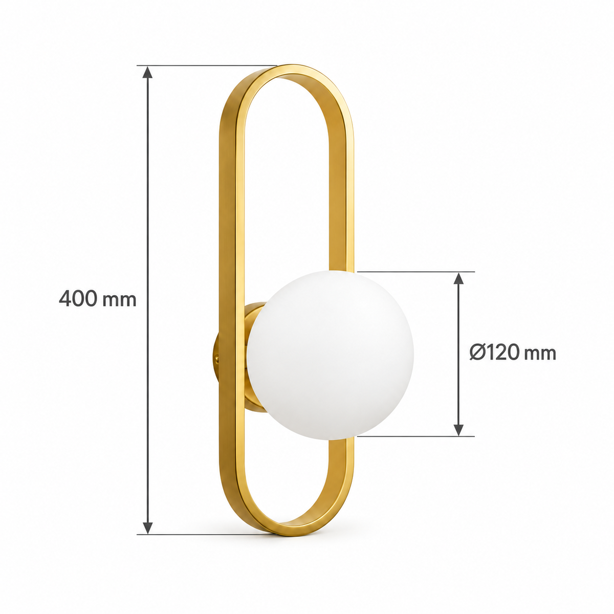 White glass globe wall light projecting from an open gold-toned capsule frame dimension diagram showing 400 mm overall height, 120 mm glass globe diameter.