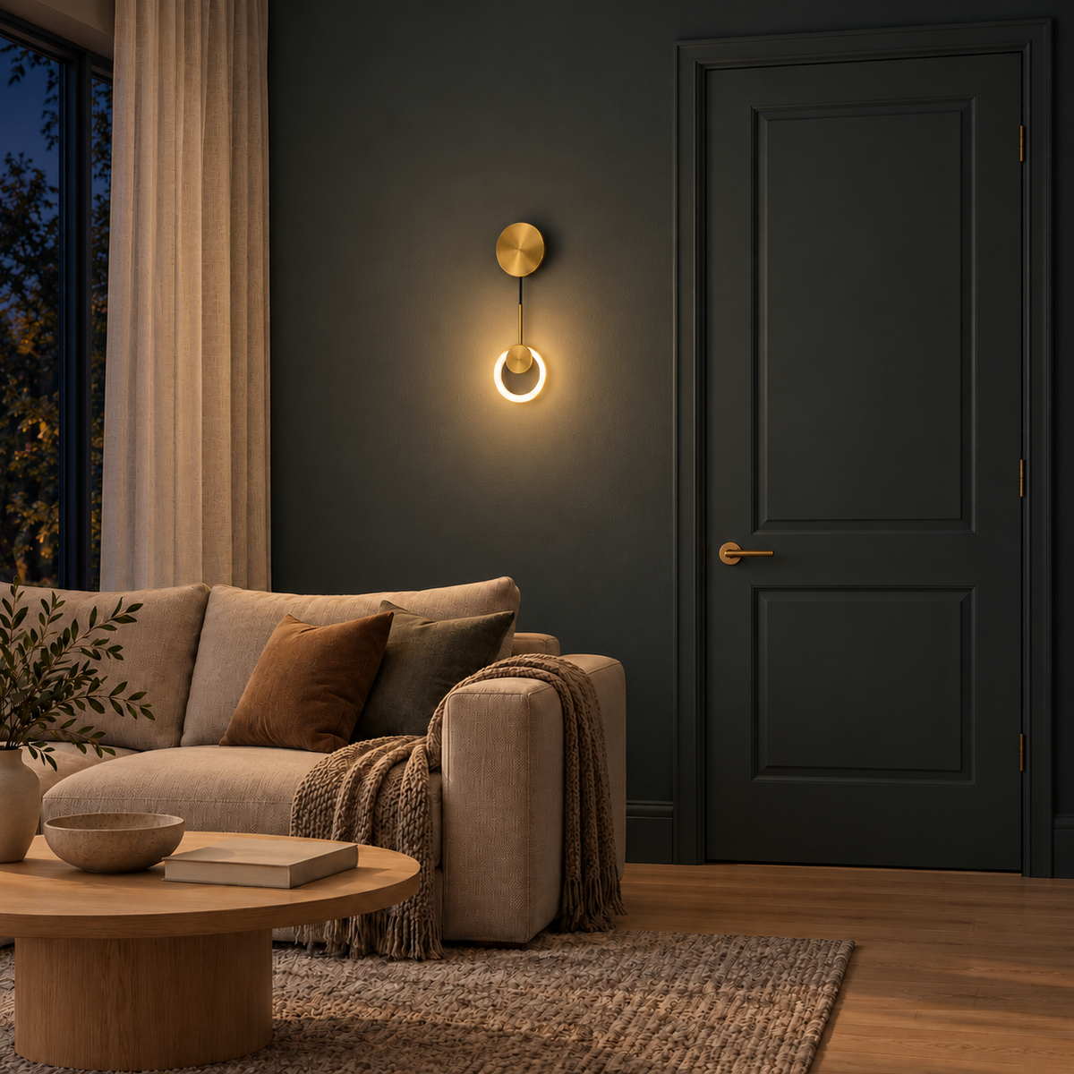 Suspended Halo and Overlapping Disc Wall Light illuminated in a night-time interior setting.