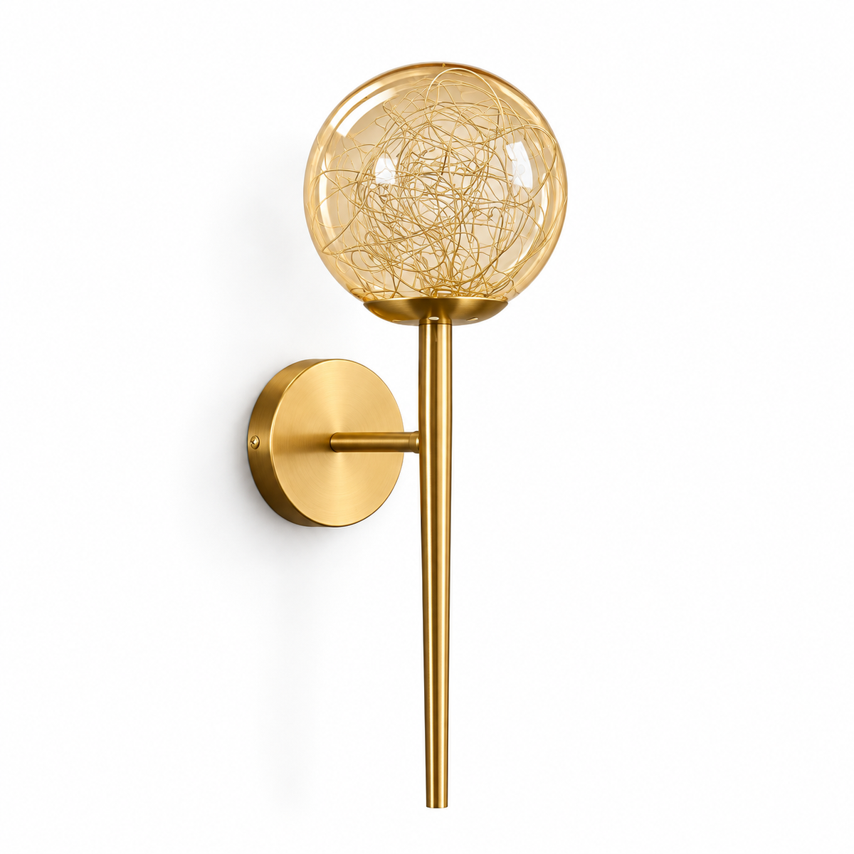 Amber Starlit Globe and Slender Stem Wall Light switched off in a studio view against a plain background.