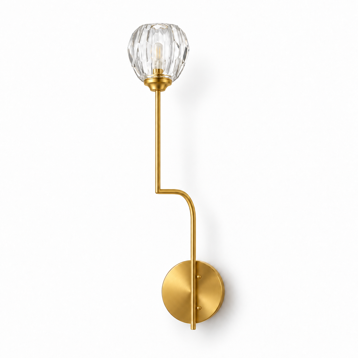 Single faceted crystal bud wall light on a slender bent gold-toned stem with a round backplate, switched off against a white studio background.
