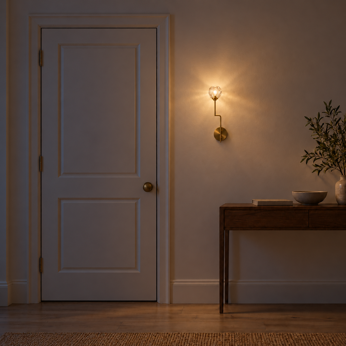 Single faceted crystal bud wall light on a slender bent gold-toned stem with a round backplate, illuminated in an interior setting at night.