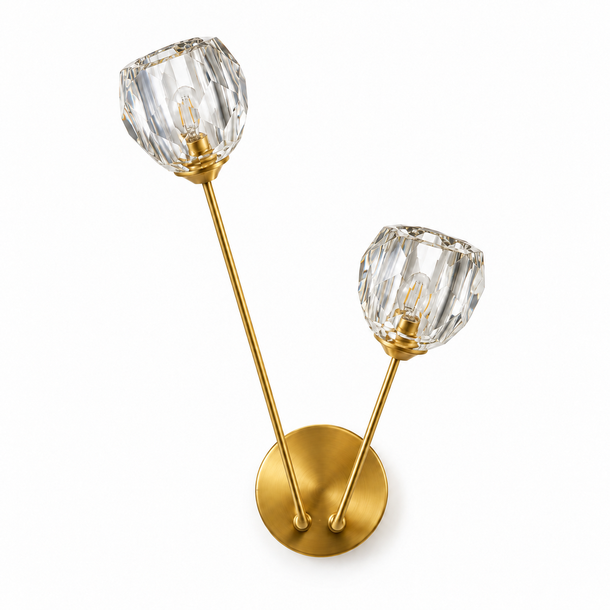 Twin faceted crystal bud wall light with fine gold-toned stems and a round backplate, switched off against a white studio background.