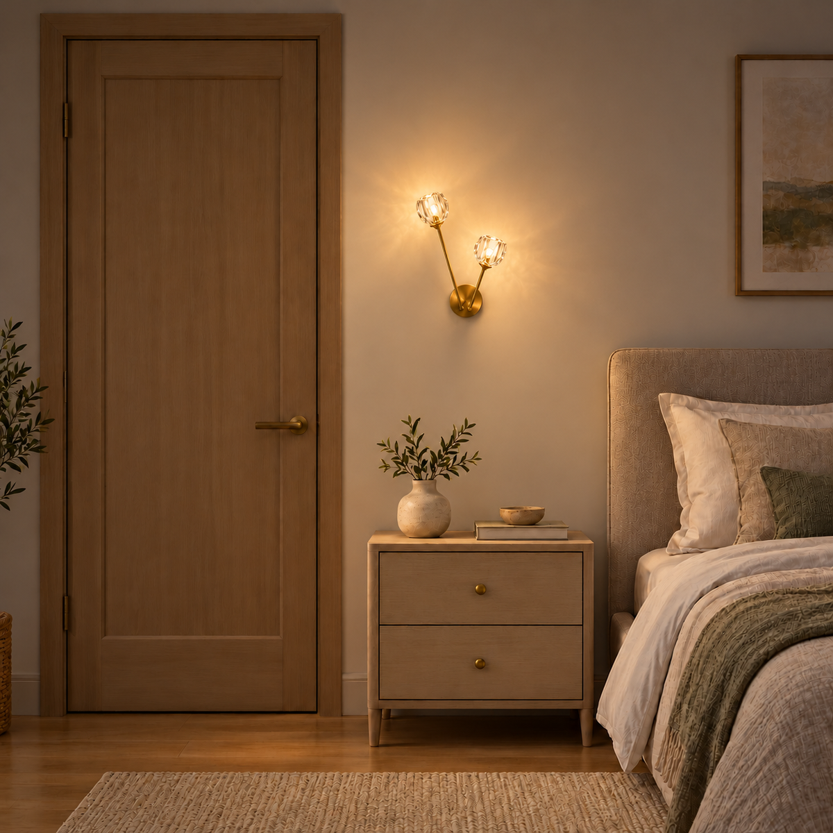 Twin faceted crystal bud wall light with fine gold-toned stems and a round backplate, illuminated in an interior setting at night.