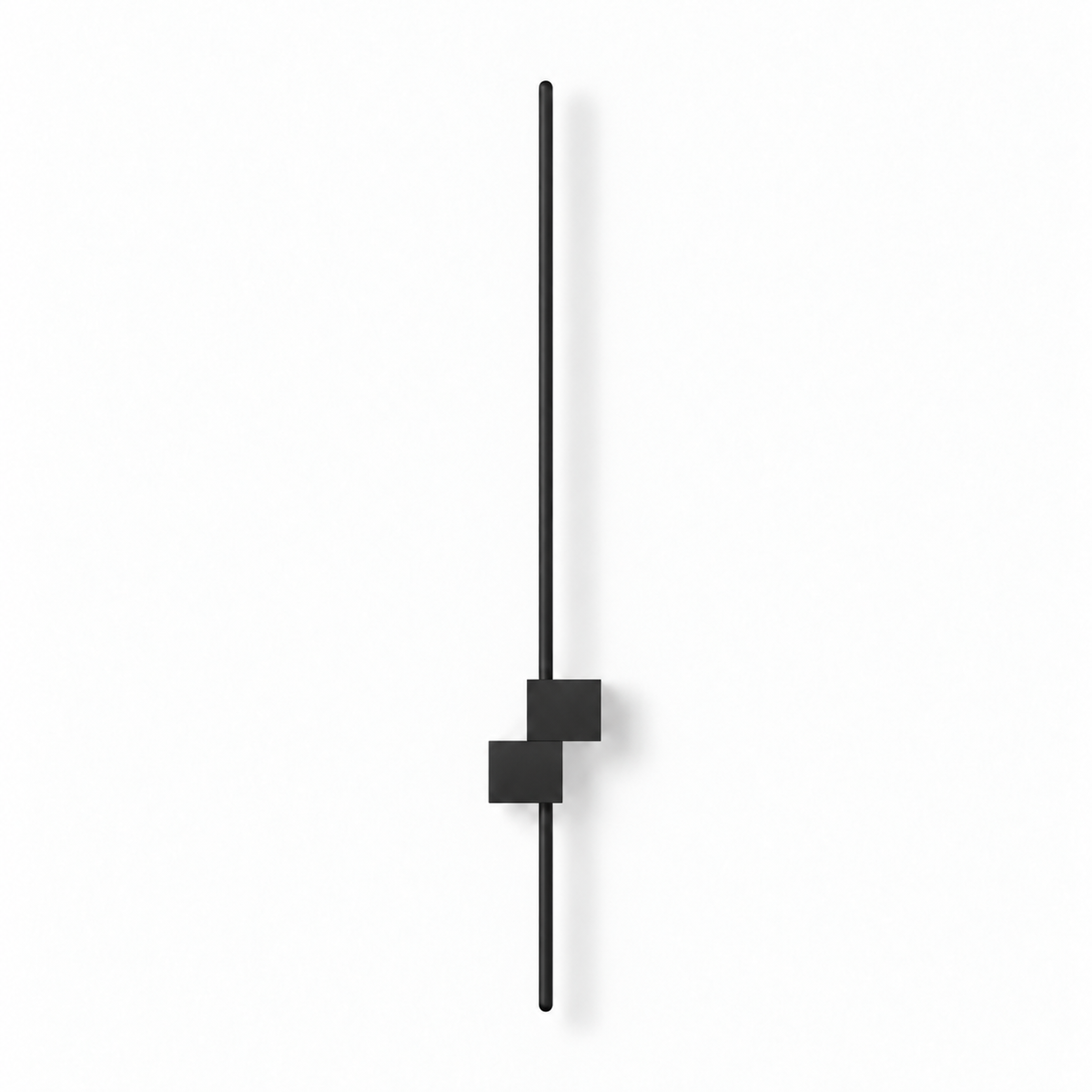 Black linear wall light with rounded bar ends and two offset rectangular blocks, switched off against a white studio background.