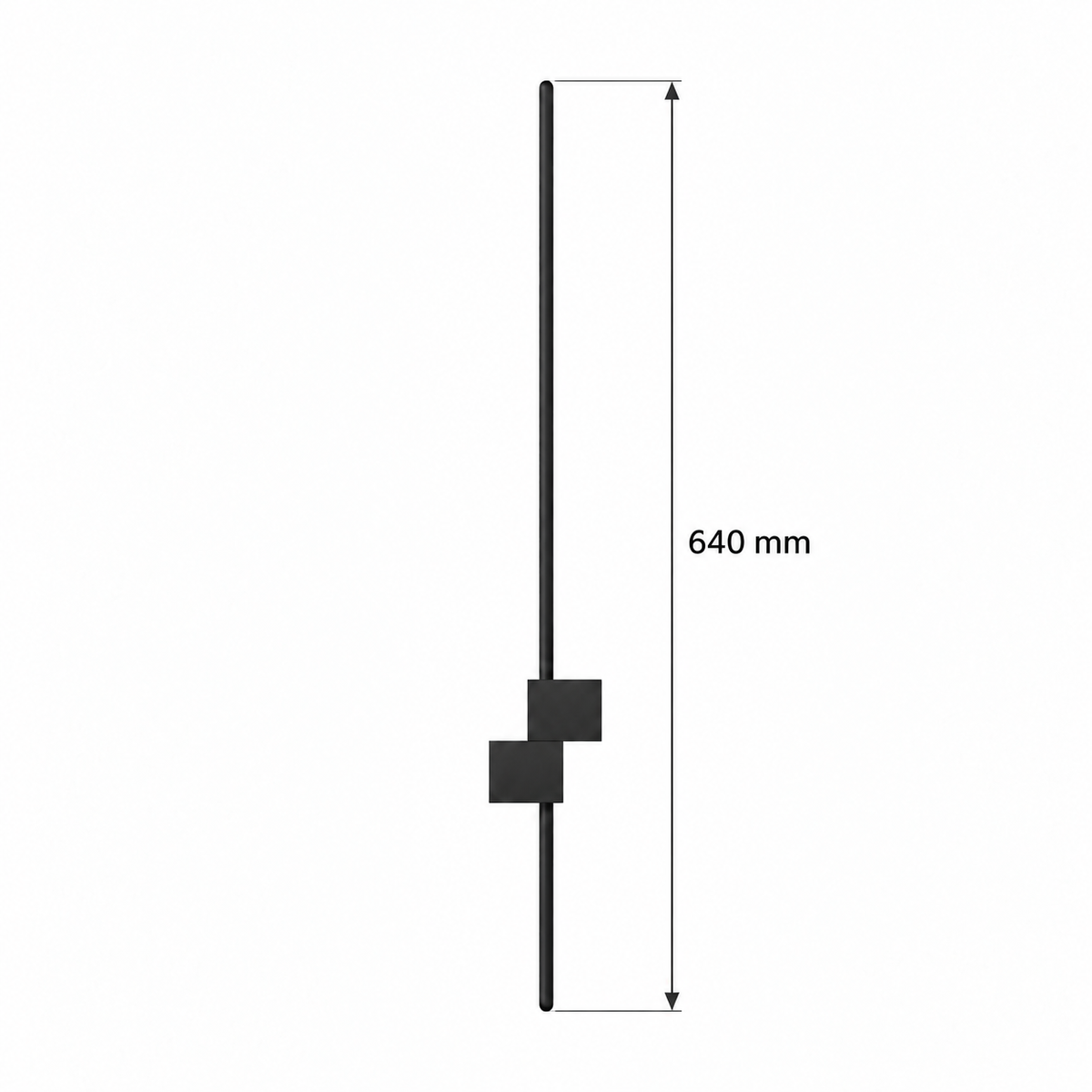 Black linear wall light with rounded bar ends and two offset rectangular blocks dimension diagram showing 640 mm fixture length.