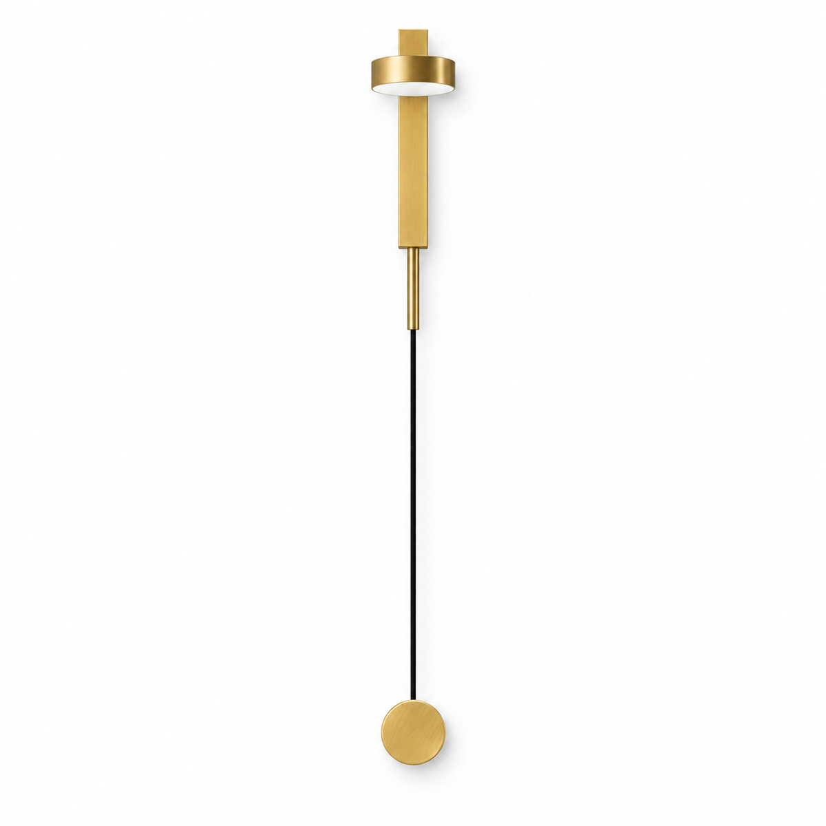 Slim pendulum disc wall light with a small circular upper head, long black cord and round lower disc, switched off on a white background.