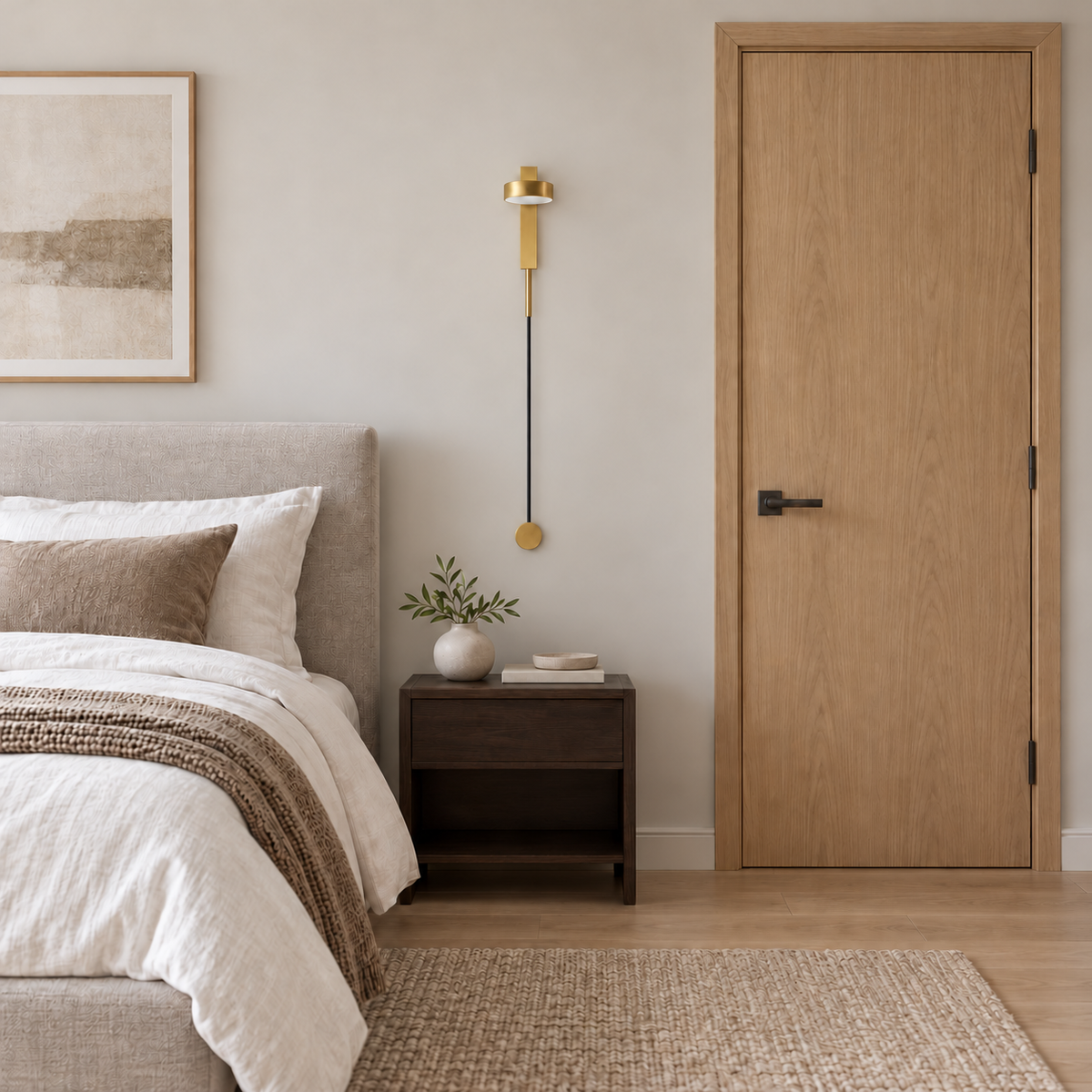 Slim pendulum disc wall light switched off above a bedside table beside an upholstered bed and wooden door in daylight.