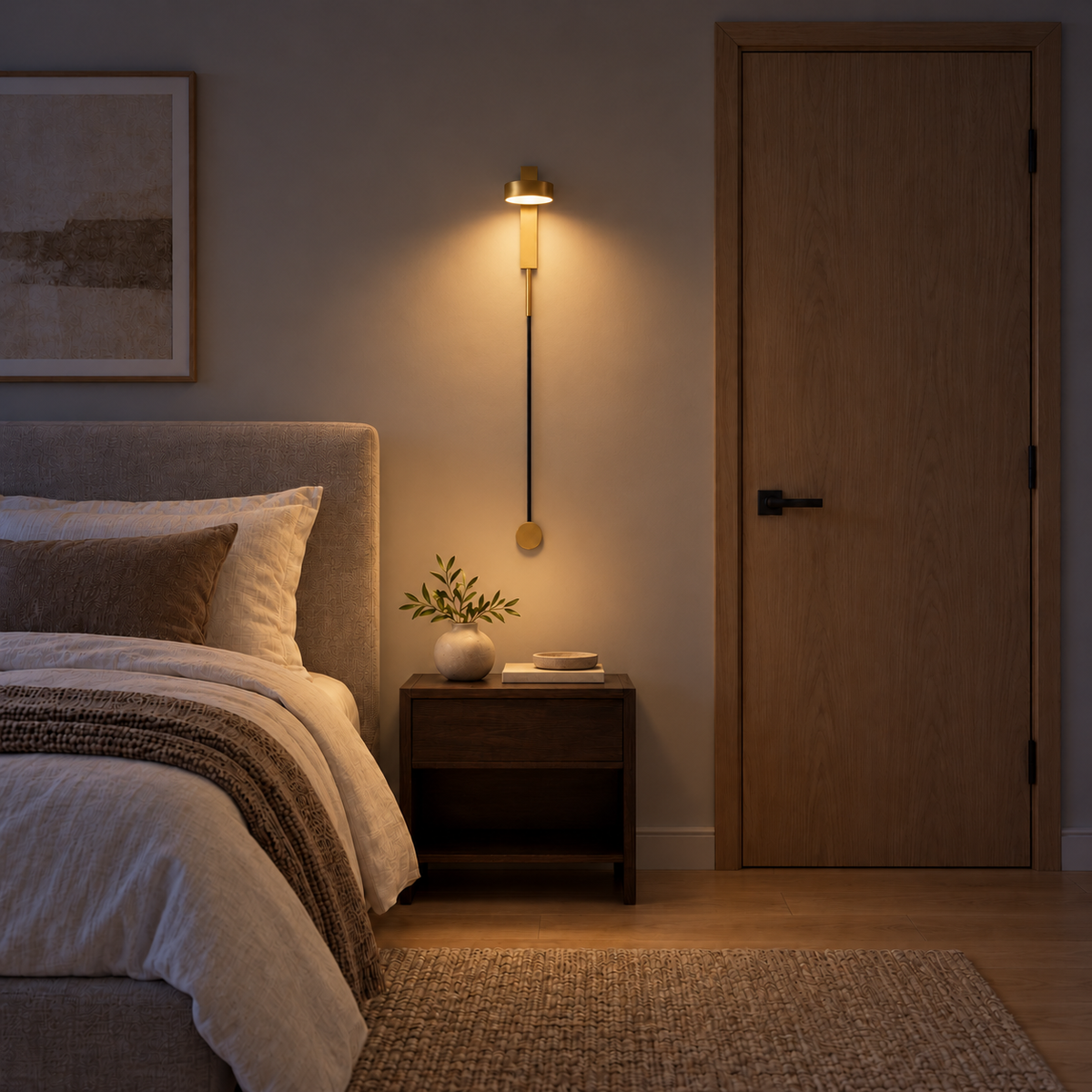 Slim pendulum disc wall light illuminated above a bedside table beside an upholstered bed and wooden door at night.