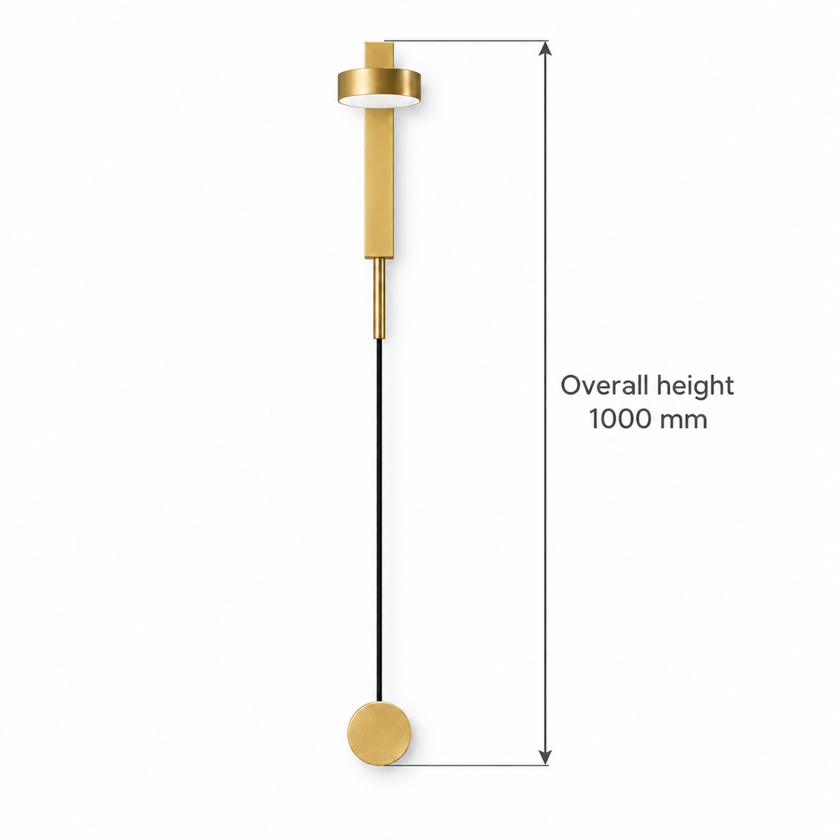 Slim pendulum disc wall light dimension diagram showing 1000 mm overall height from the highest fixture point to the bottom of the hanging disc.