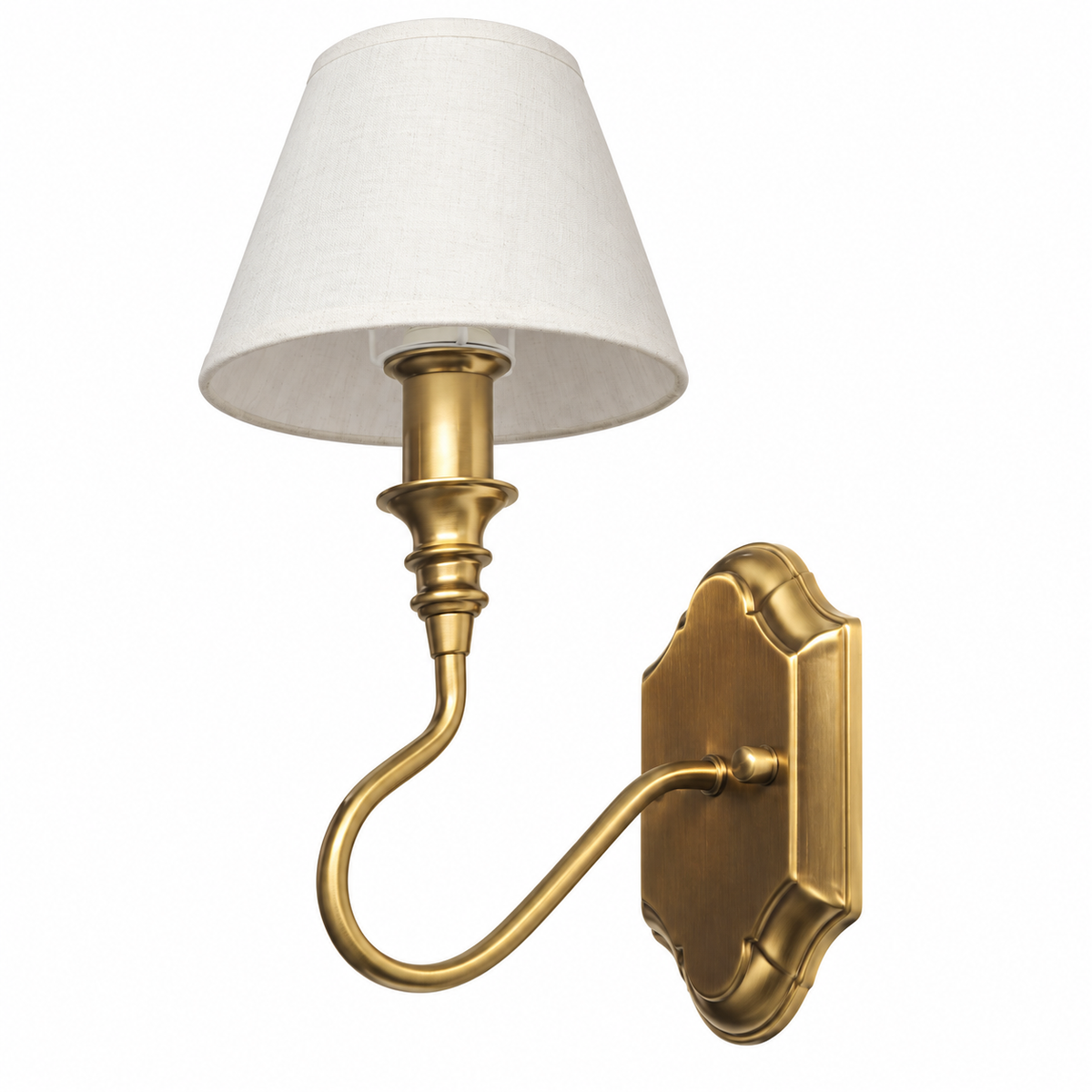 Shield Backplate Scroll Wall Light with a white tapered shade, curved gold-tone arm and shield-shaped backplate, shown switched off against a white background