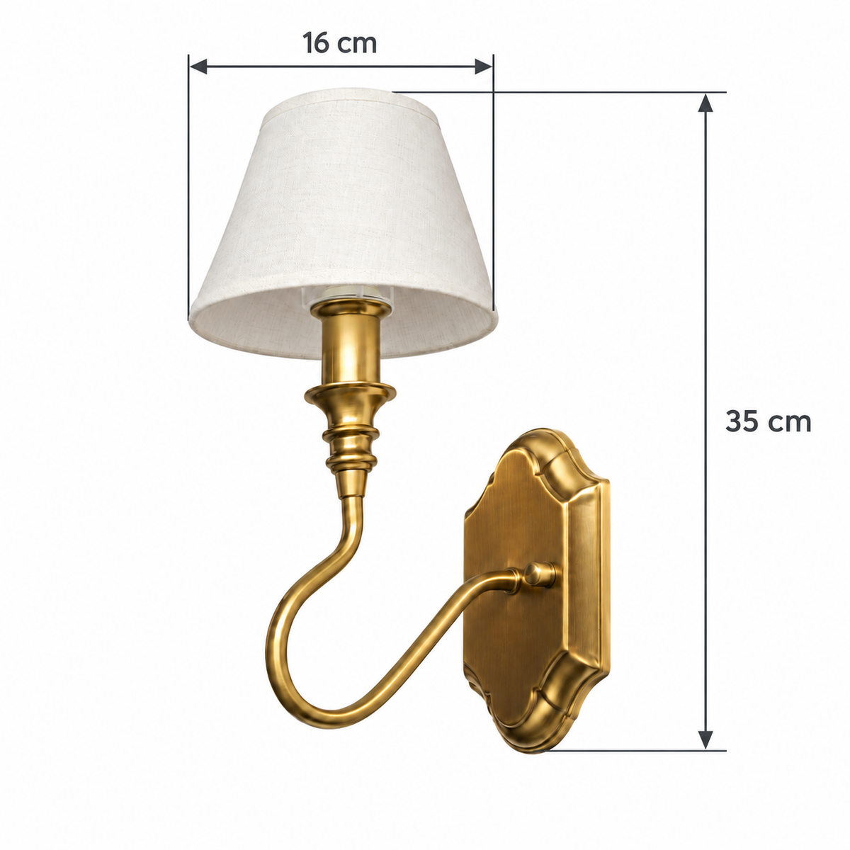 Shield Backplate Scroll Wall Light dimension guide showing overall height 35 cm; shade diameter 16 cm
