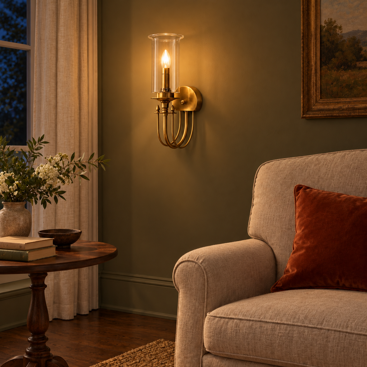 Clear Chimney Scroll Wall Light above a side table beside an upholstered armchair at night, illuminated