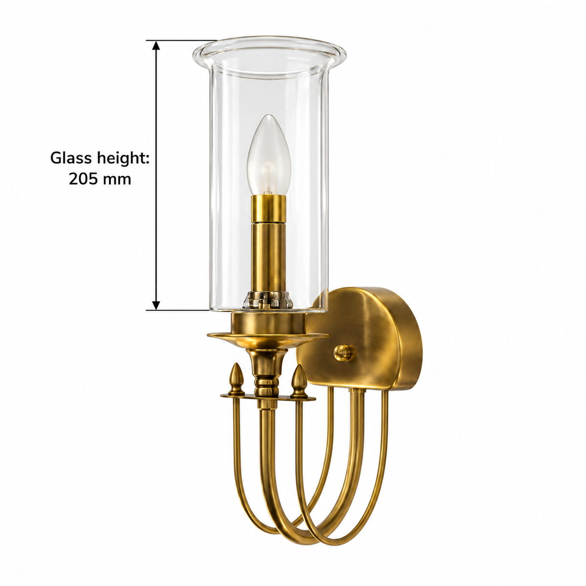 Clear chimney scroll wall light dimension guide showing glass chimney-only height 205 mm, excluding the gold-tone support