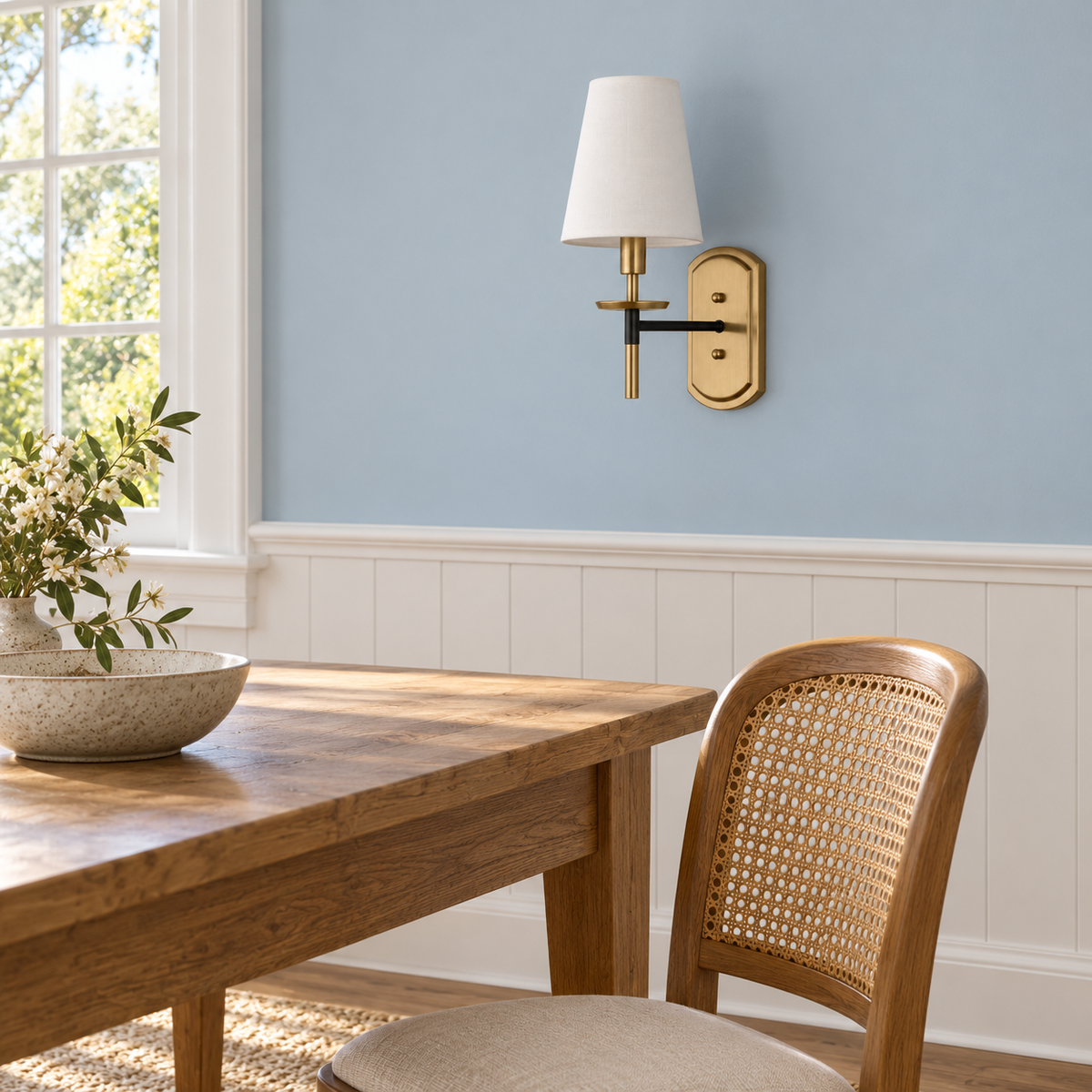 Tapered Cloth Black Arm Wall Light installed in a daylight interior, shown switched off