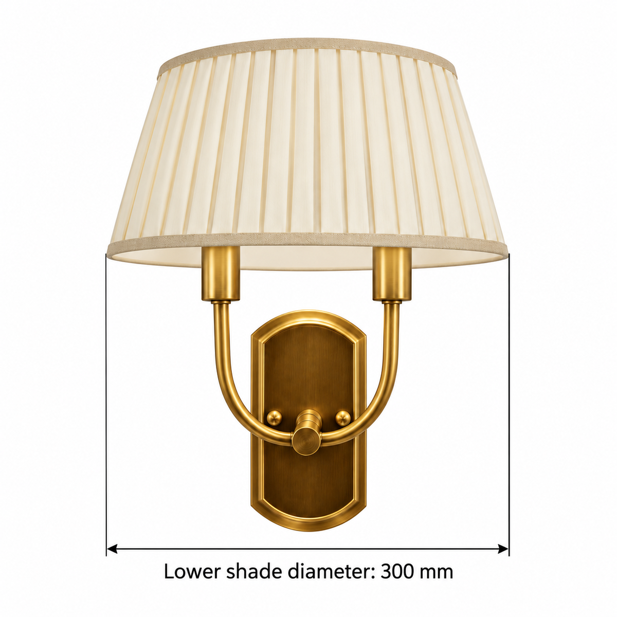 Twin arm pleated shade wall light dimension guide showing lower shade diameter 300 mm