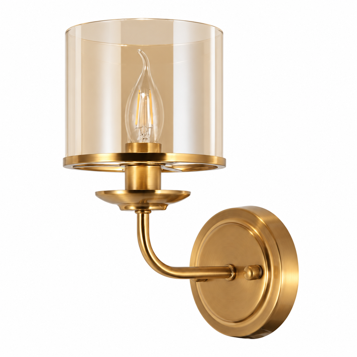 Amber Cylinder Candle Wall Light with an amber glass cylinder shade, gold-tone curved arm and round backplate, shown switched off against a white background