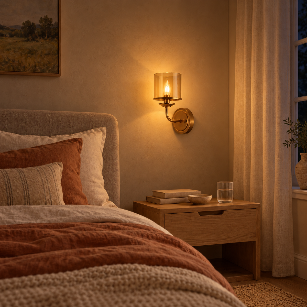 Amber Cylinder Candle Wall Light illuminated in a night-time interior
