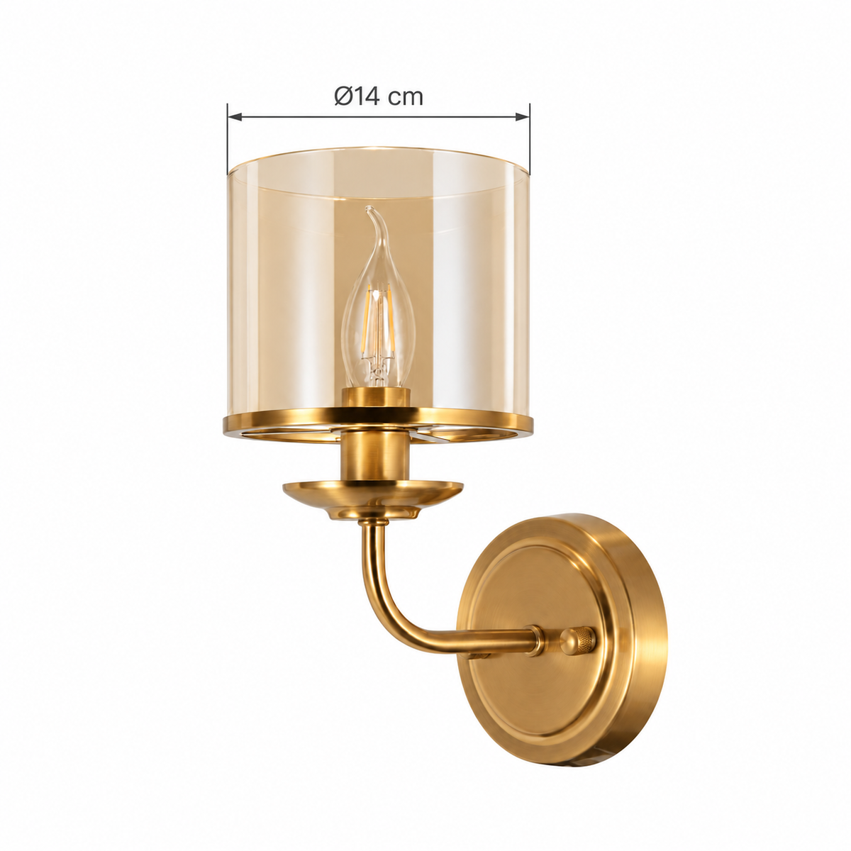 Amber Cylinder Candle Wall Light dimension guide showing shade diameter 14 cm
