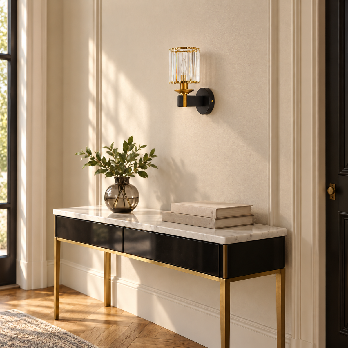Crystal Prism Black Arm Wall Light installed in a daylight interior, shown switched off