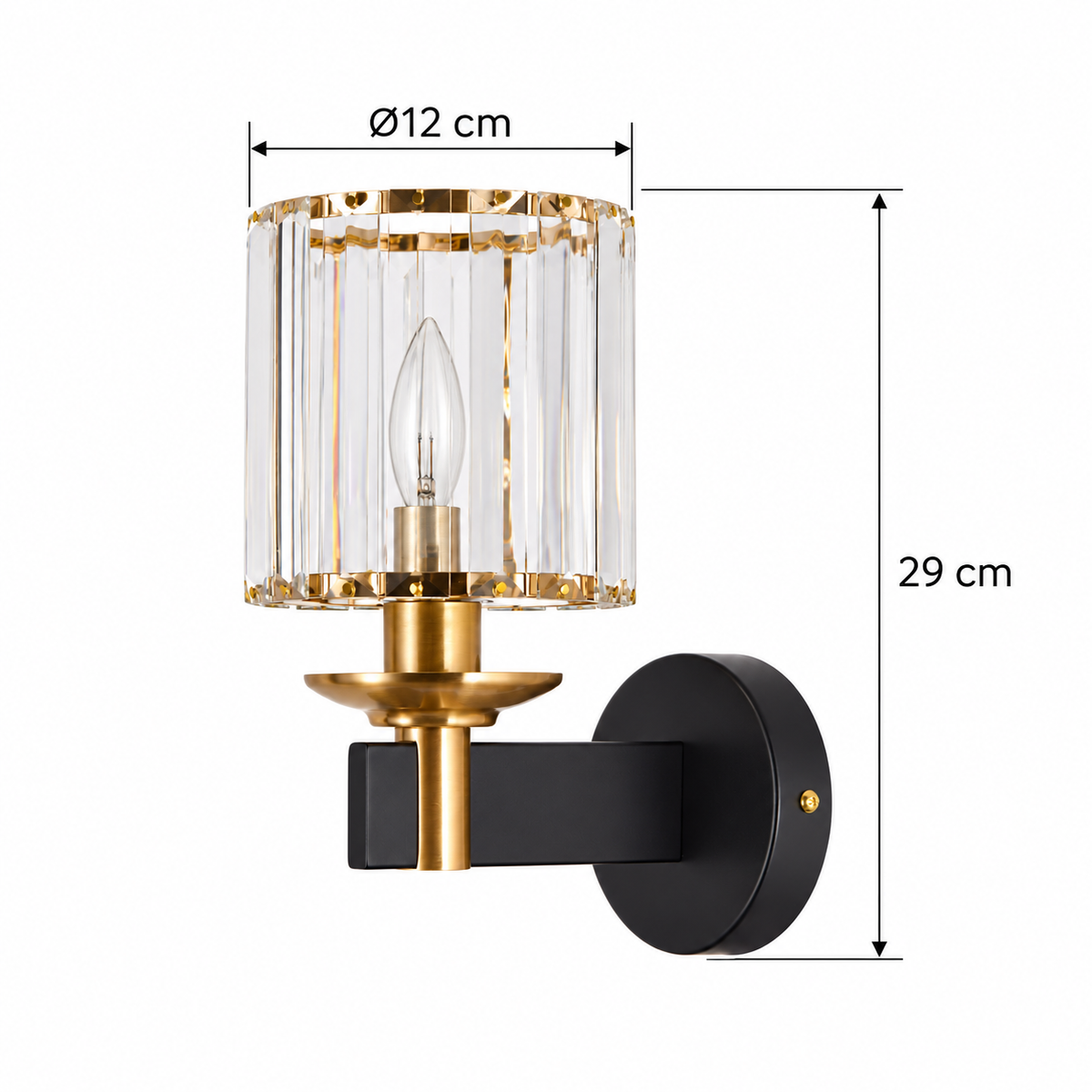 Crystal Prism Black Arm Wall Light dimension guide showing overall height 29 cm; shade diameter 12 cm