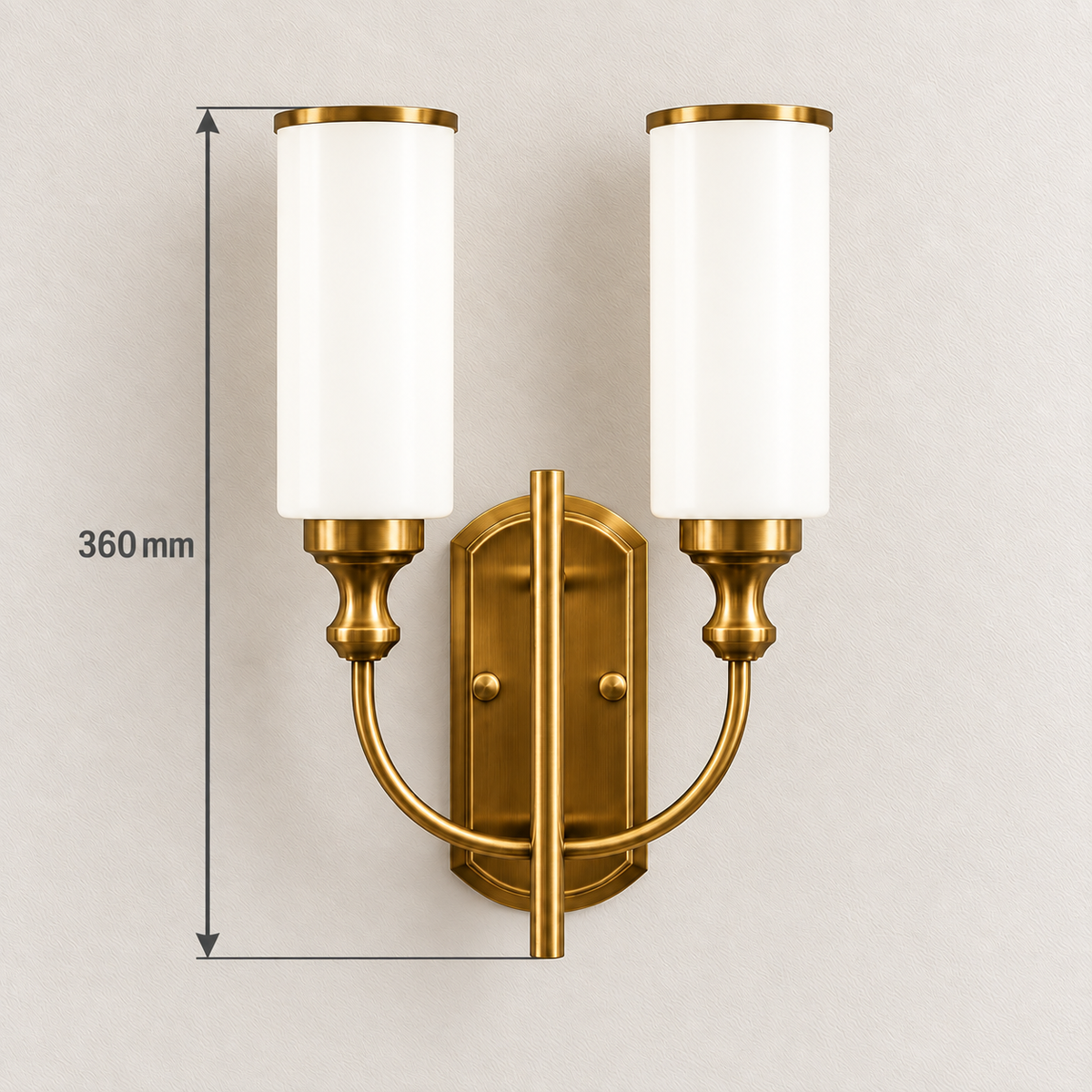 Twin white glass cylinder wall light showing 360 mm overall height