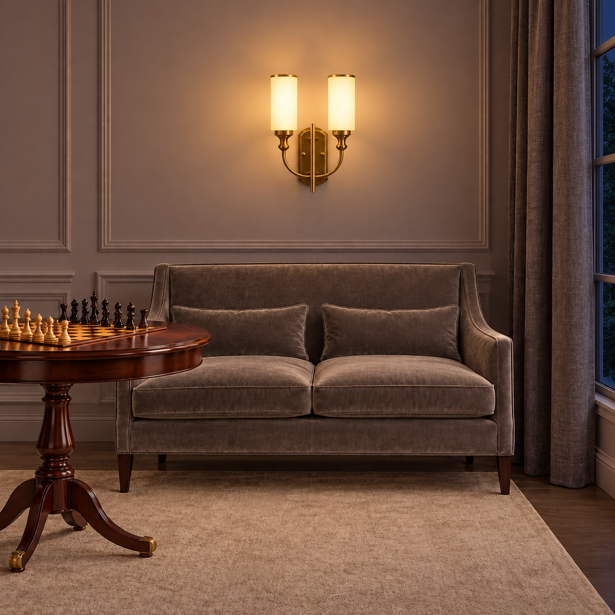 Twin White Glass Cylinder Wall Light above a sofa beside a chess table illuminated at night