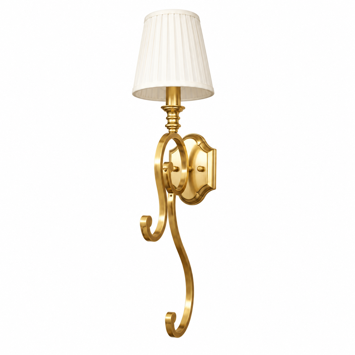 Trailing Ribbon Pleated Wall Light with a white pleated shade and asymmetric gold-tone ribbon scrolls, shown switched off against a white background