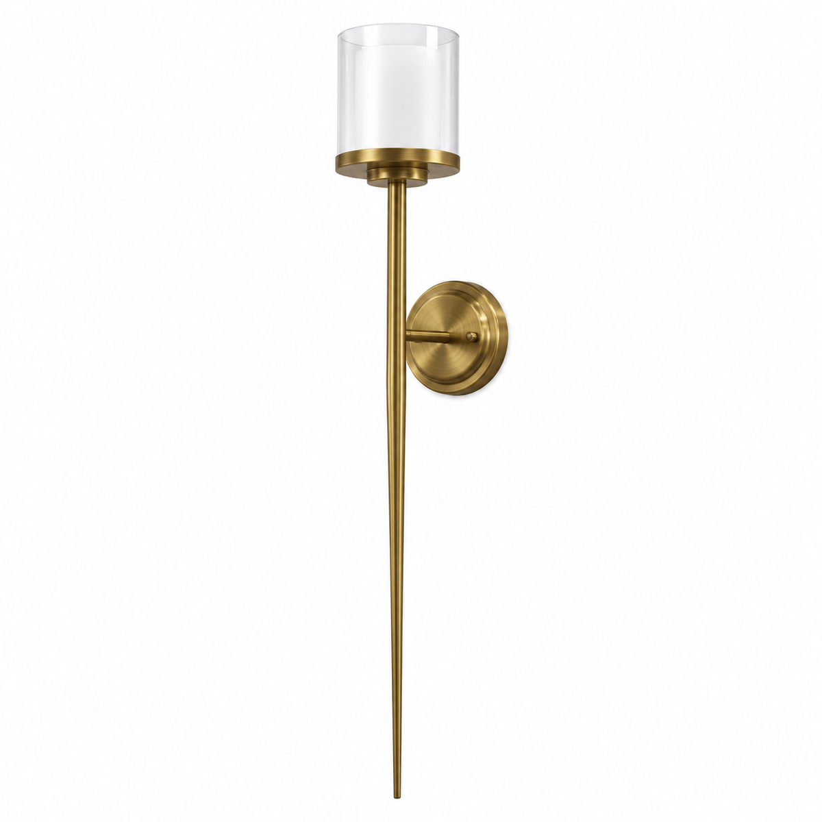 Layered Glass Tall Stem Wall Light with layered clear and white glass and a long gold-tone stem, shown switched off against a white background