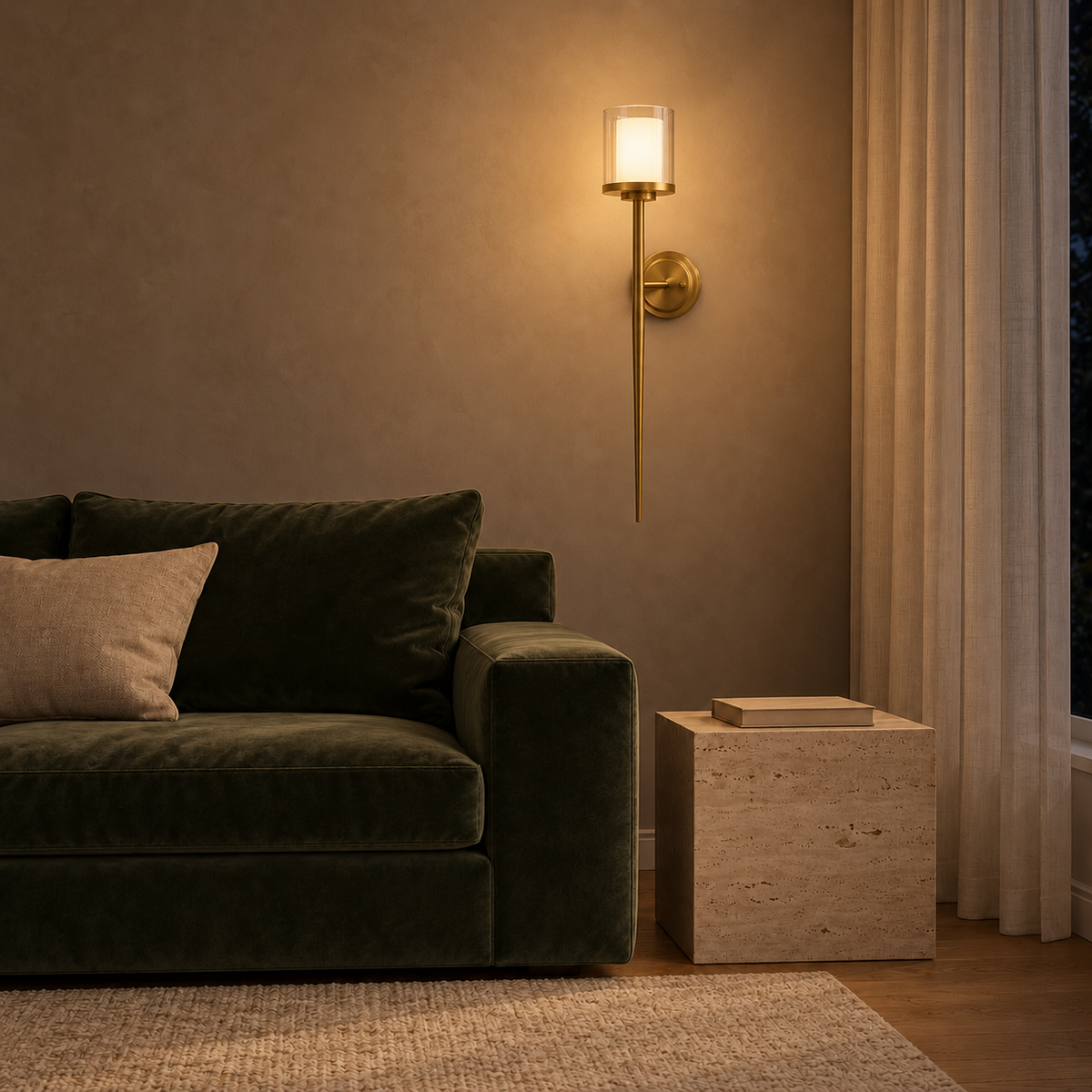 Layered Glass Tall Stem Wall Light illuminated in a night-time interior
