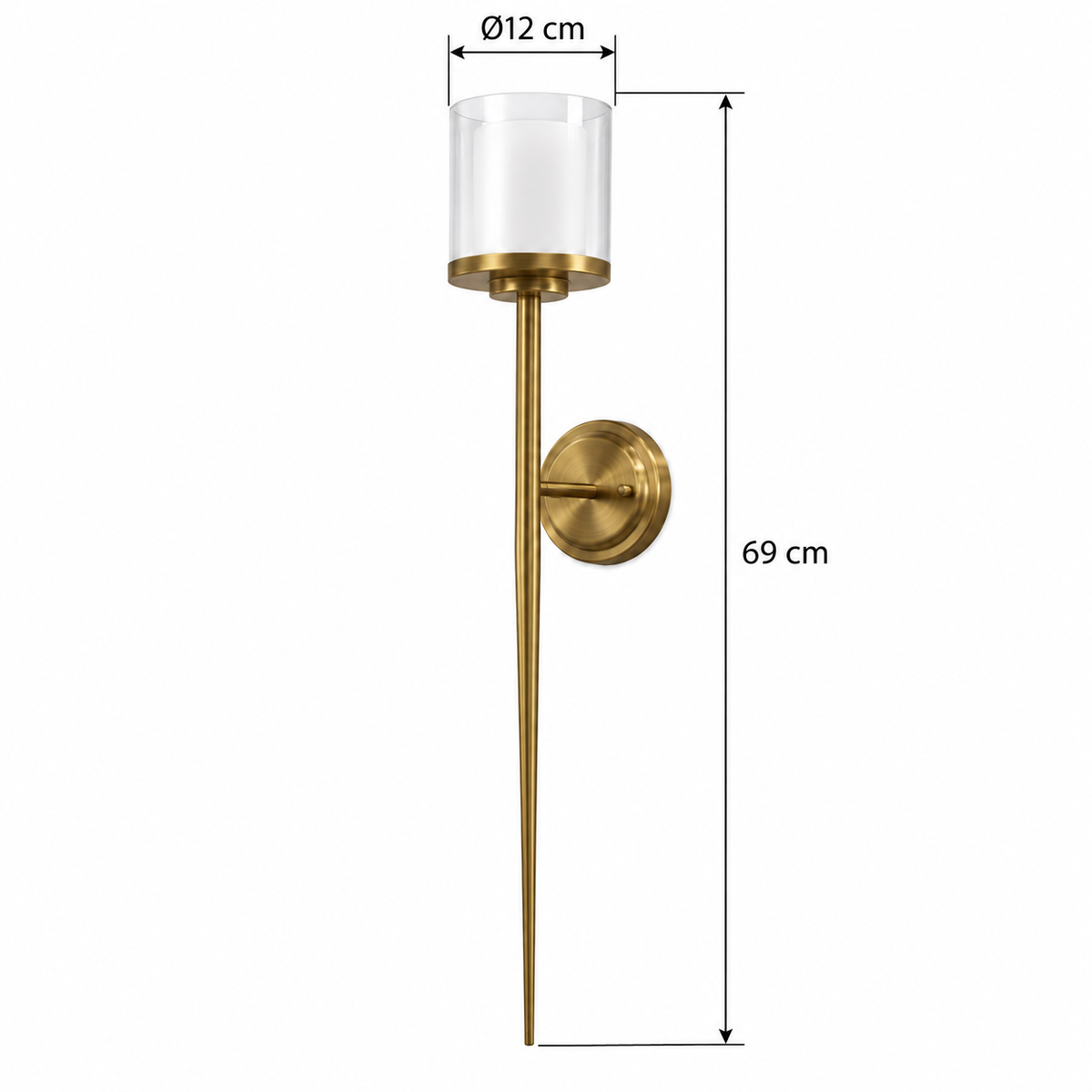 Layered Glass Tall Stem Wall Light dimension guide showing overall height 69 cm; outer shade diameter 12 cm