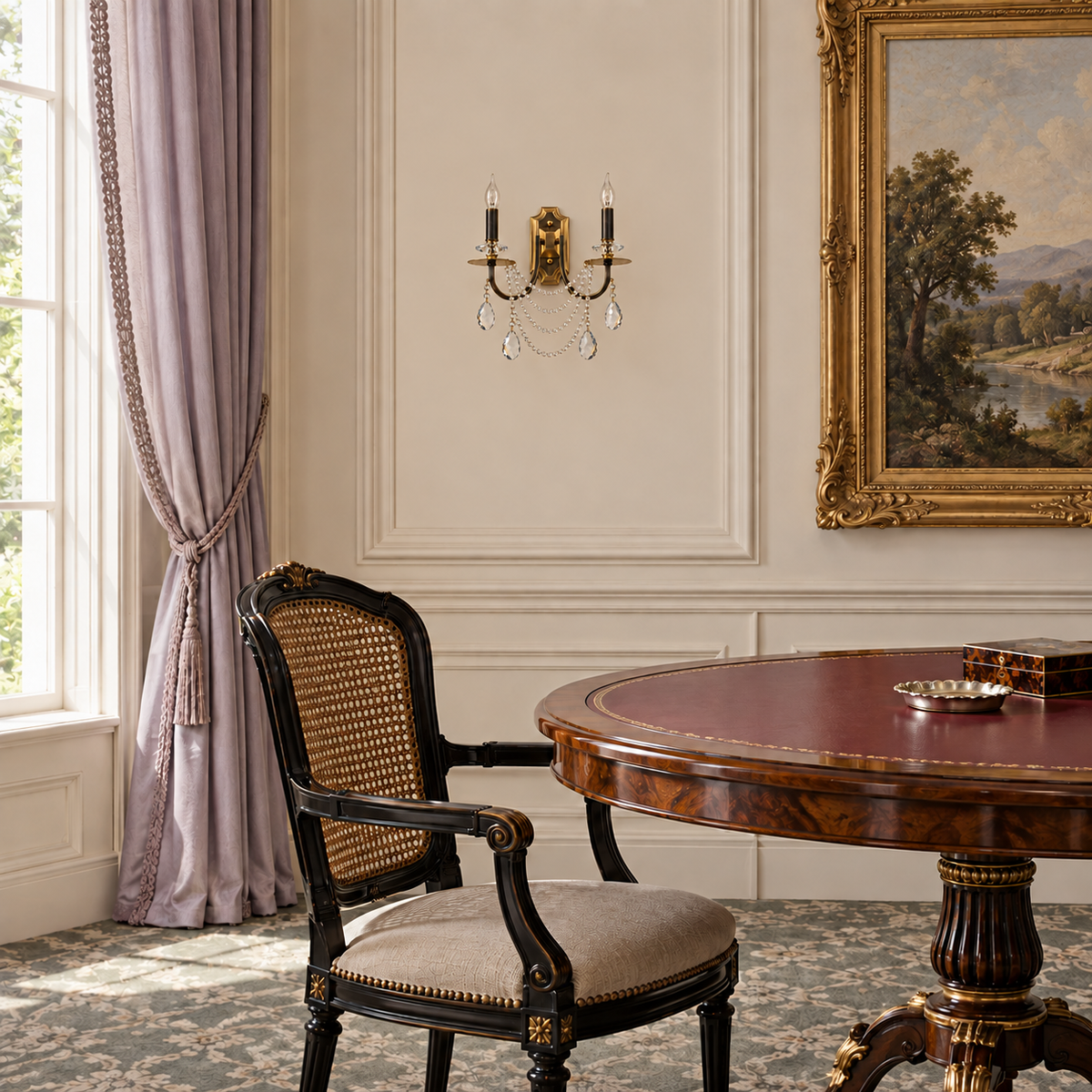 Twin candle crystal garland wall light in a traditional dining room in daylight, switched off