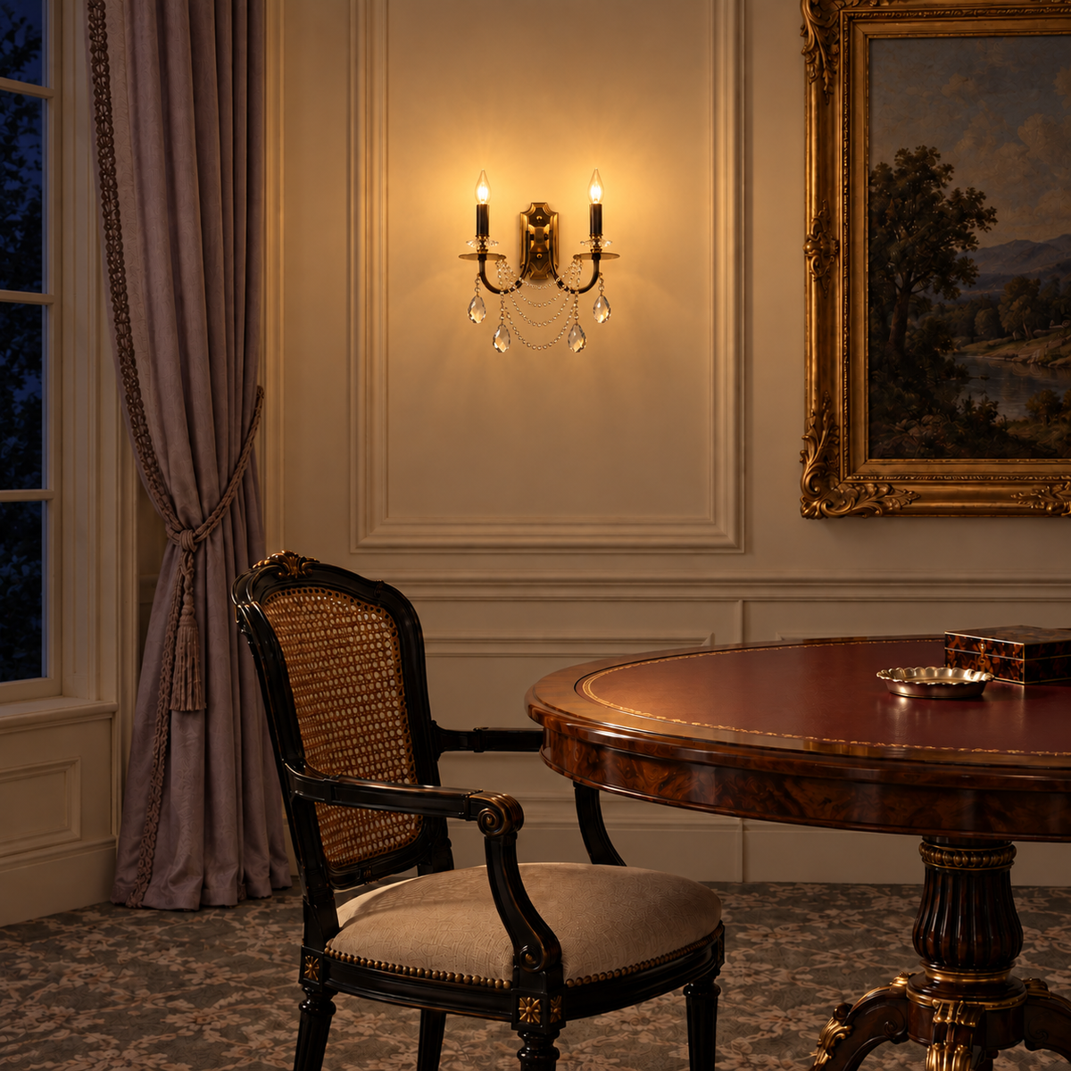 Twin candle crystal garland wall light illuminated above a traditional dining table at night