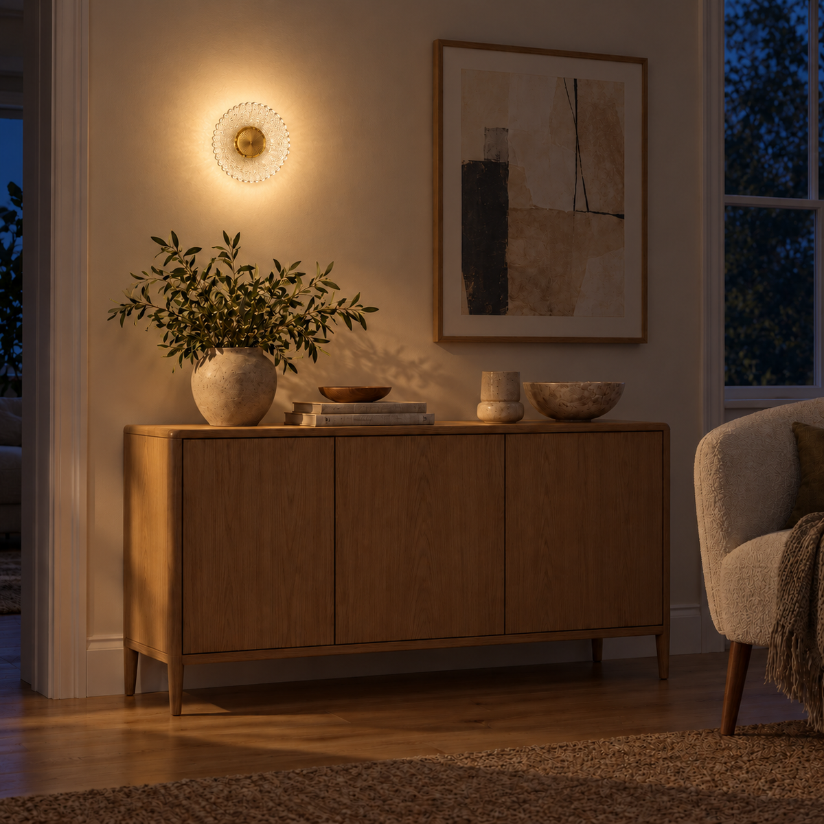 Scalloped Glass Rosette Wall Light illuminated in an interior at night