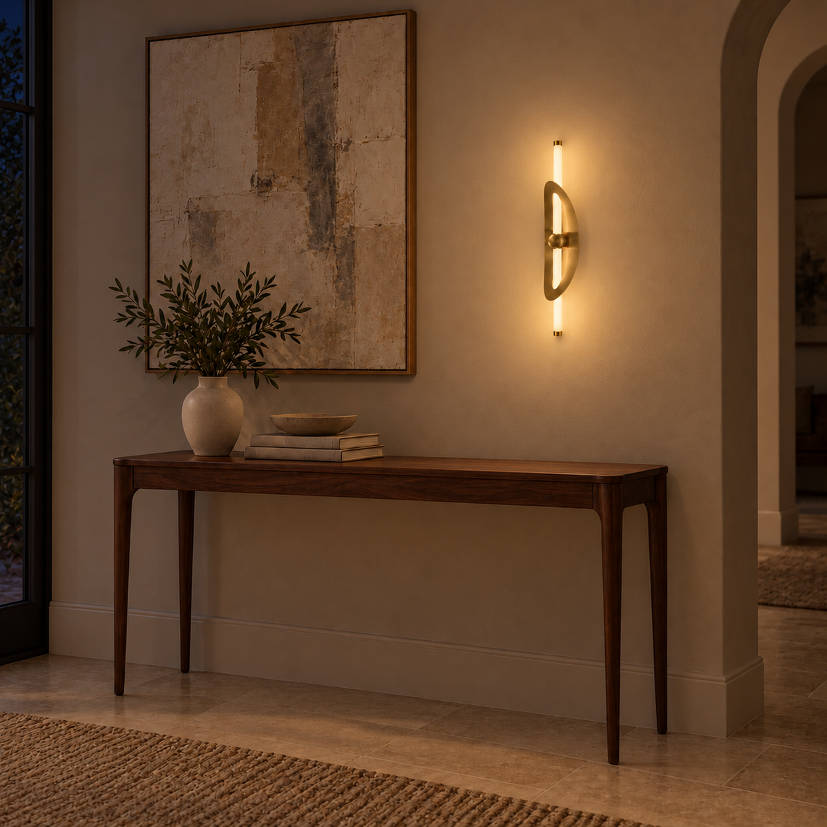 Gold Leaf-Frame Vertical Rod Wall Light, 580 mm illuminated in the same residential interior at night