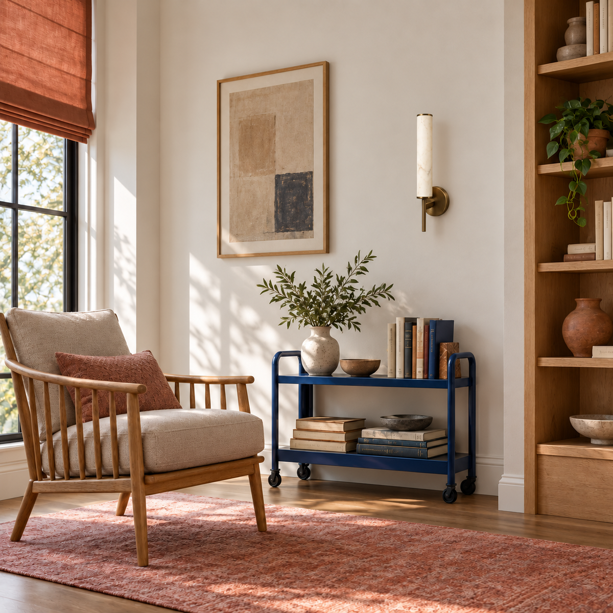 Stone-effect cylinder wall light beside artwork and a reading chair in daylight, switched off