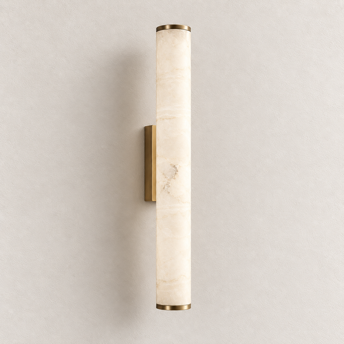 Tall stone-effect column wall light with narrow metallic end caps and rectangular mount, switched off