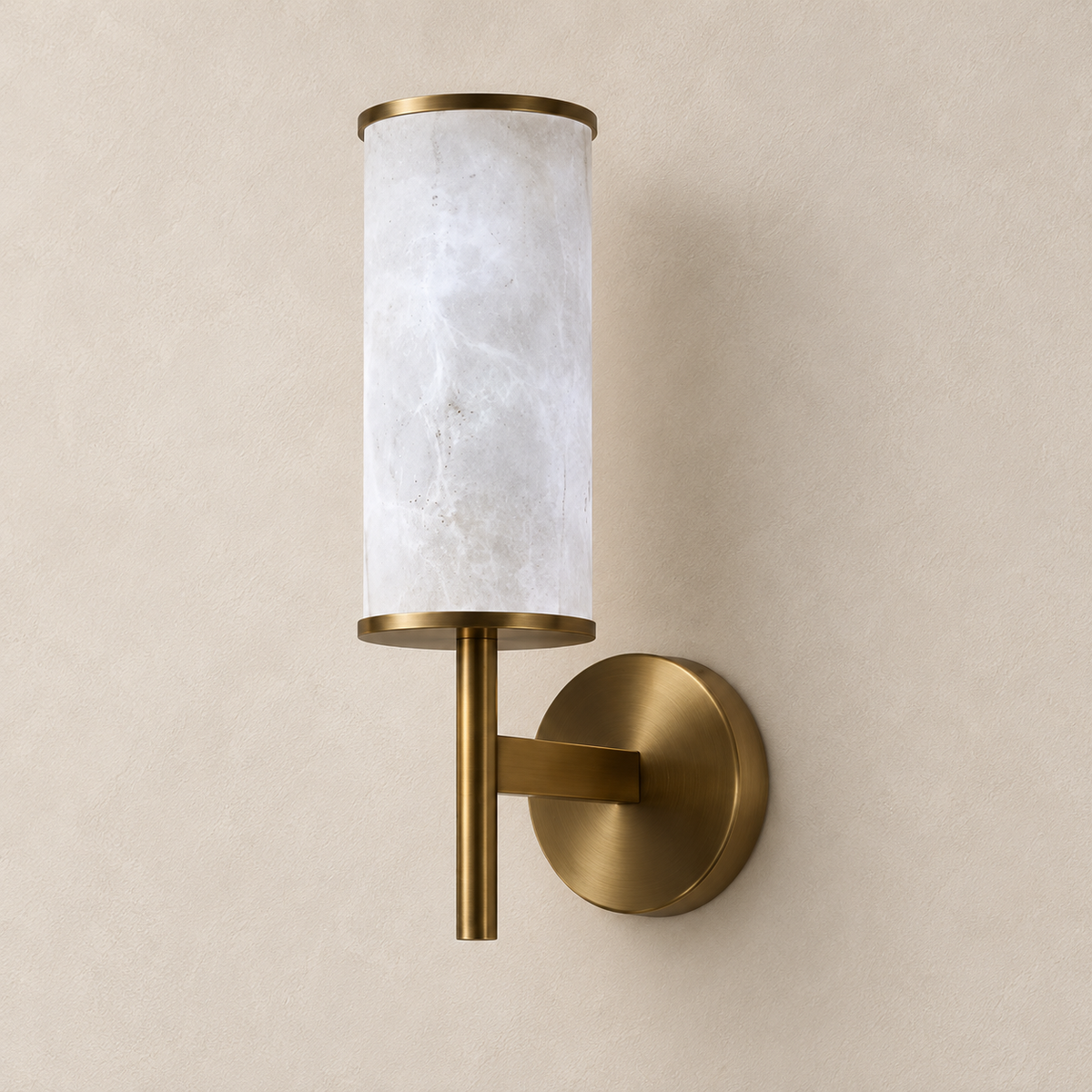 Stone-effect torch wall light with a cylindrical shade, lower stem and round wall plate, switched off