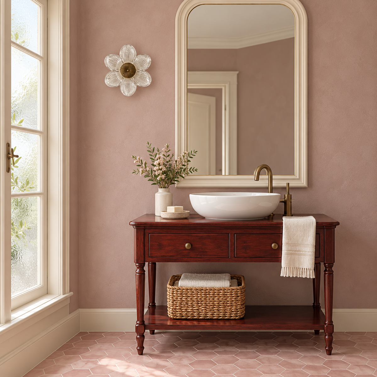 Clear glass flower wall light beside a mirror above a washbasin console in daylight, switched off
