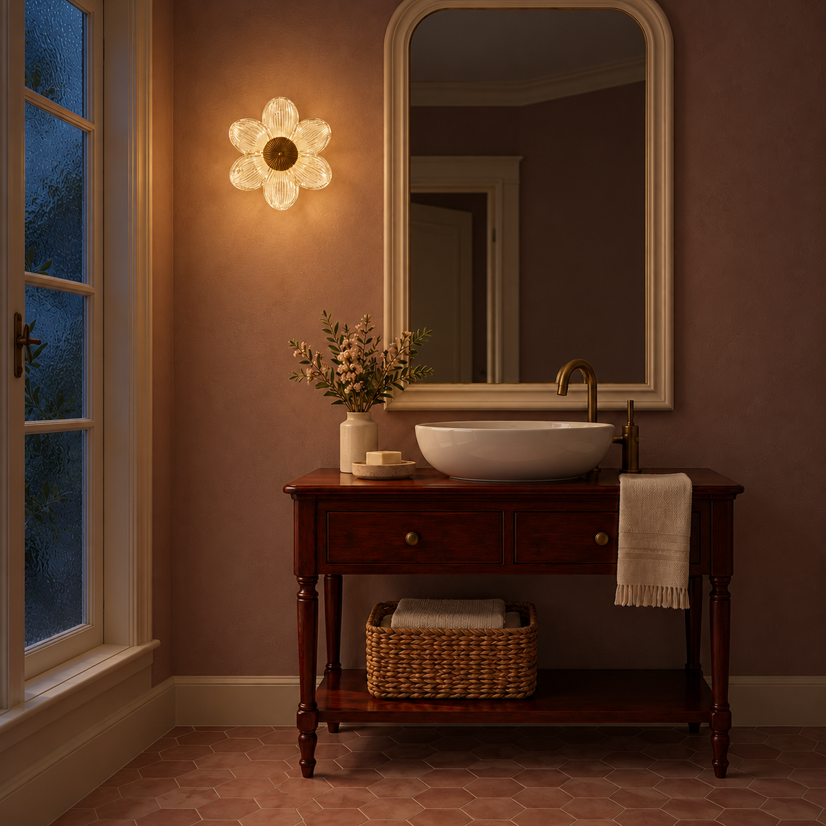 Clear glass flower wall light illuminated beside a mirror above a washbasin console at night