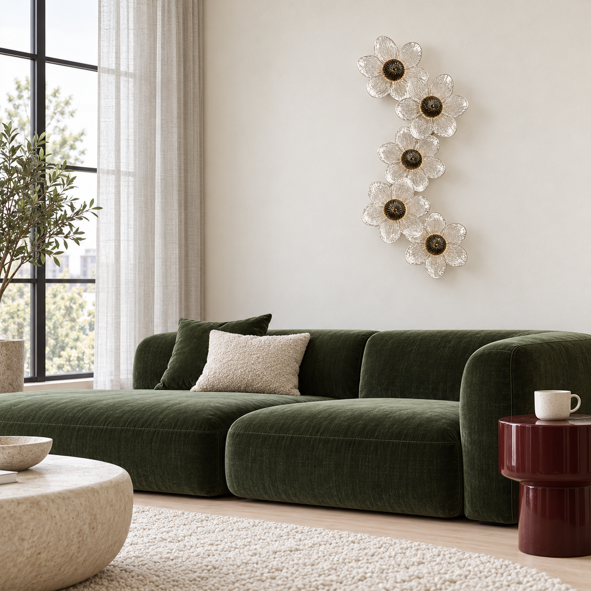 Five-flower glass wall light above a green sofa in a bright living room, switched off