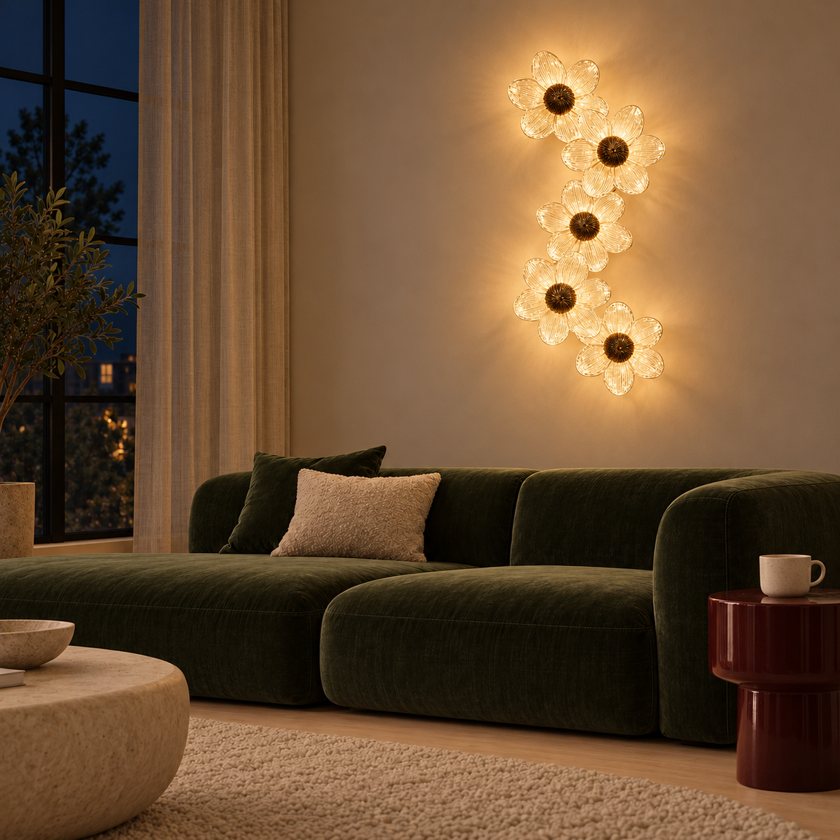 Five-flower glass wall light glowing above a green sofa at night