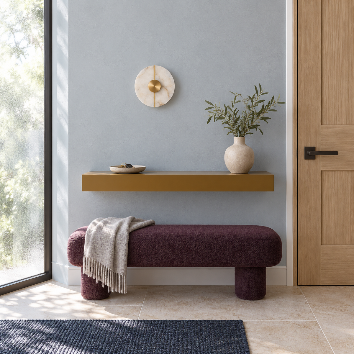 Stone-effect disc wall light above a floating shelf and upholstered bench in daylight, switched off