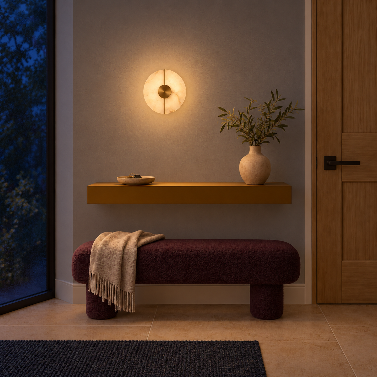 Stone-effect disc wall light glowing above a floating shelf and upholstered bench at night