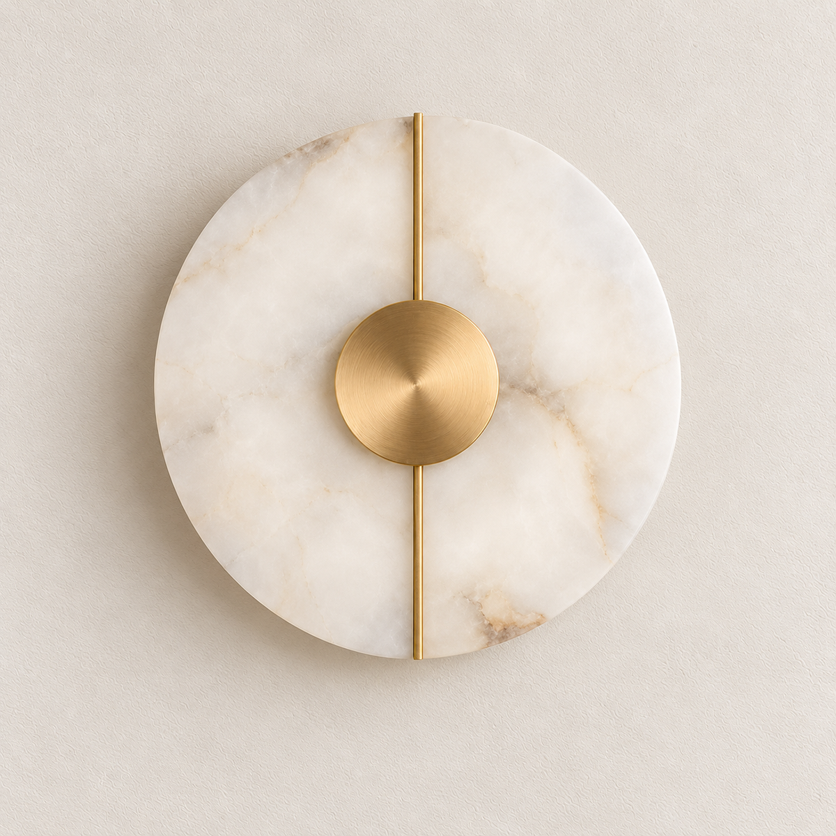 Circular stone-effect wall light with a slim vertical bar and central metallic disc, switched off