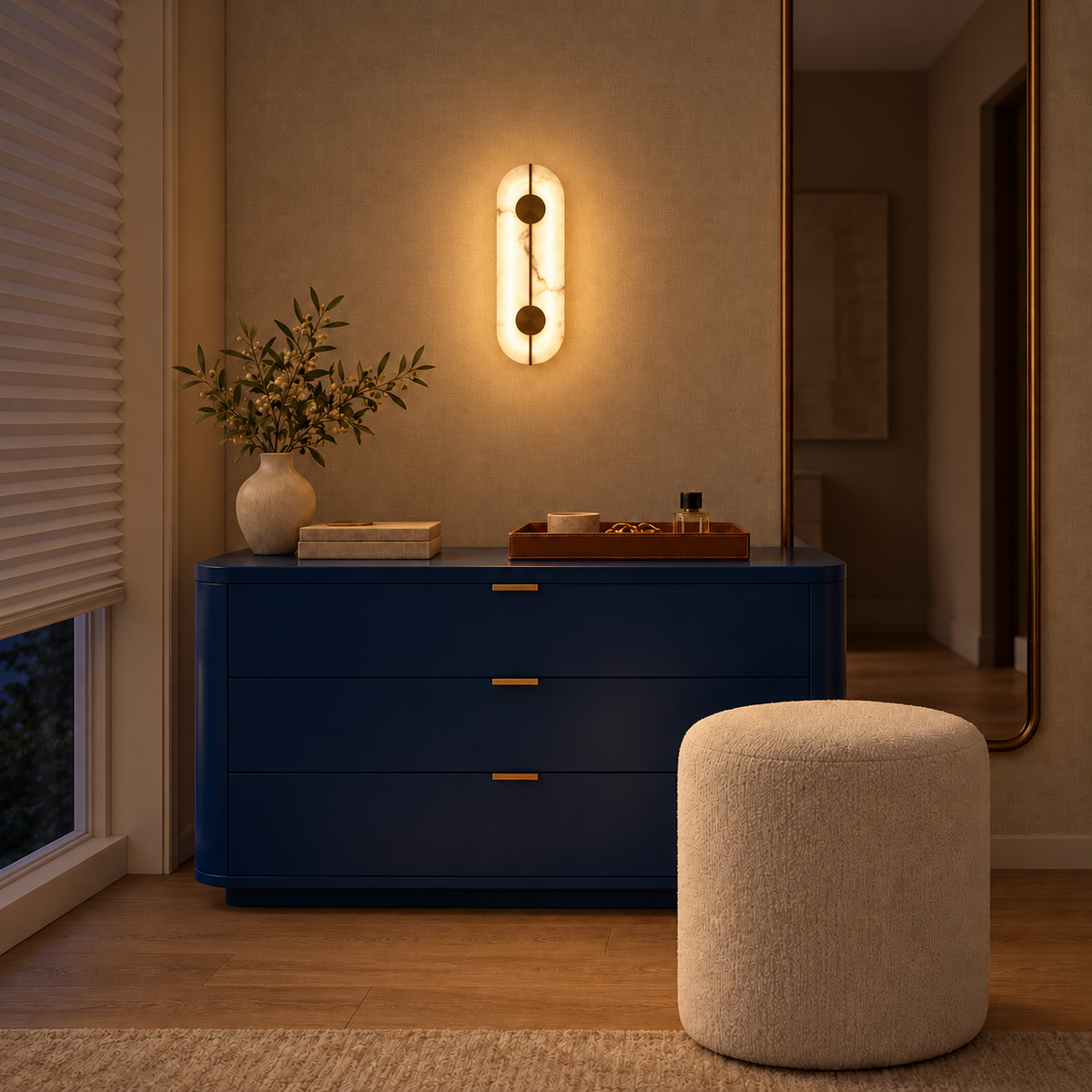 Stone-effect capsule wall light illuminated above a blue chest of drawers at night