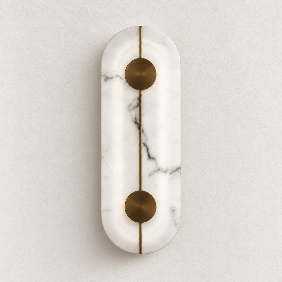 Stone-effect capsule wall light with two metallic discs and a slim central bar, switched off